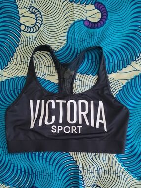 Victoria's Secret Black Racerback Sports Bra with White Logo